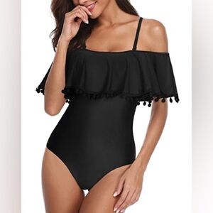 NWT TEMPT ME. Off-The-Shoulder 1 pc Swimsuit with pom pom trimmed ruffle. XL